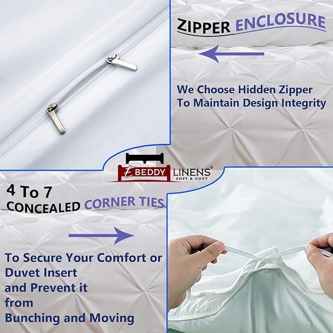 eBeddy Linens White Pinch Pleated Pintuck Duvet Cover Set Super Queen 98x90 Inch 100% Cotton Soft and Breathable 3 Pieces Premium Comforter Cover Zipper Closure & Corner Ties