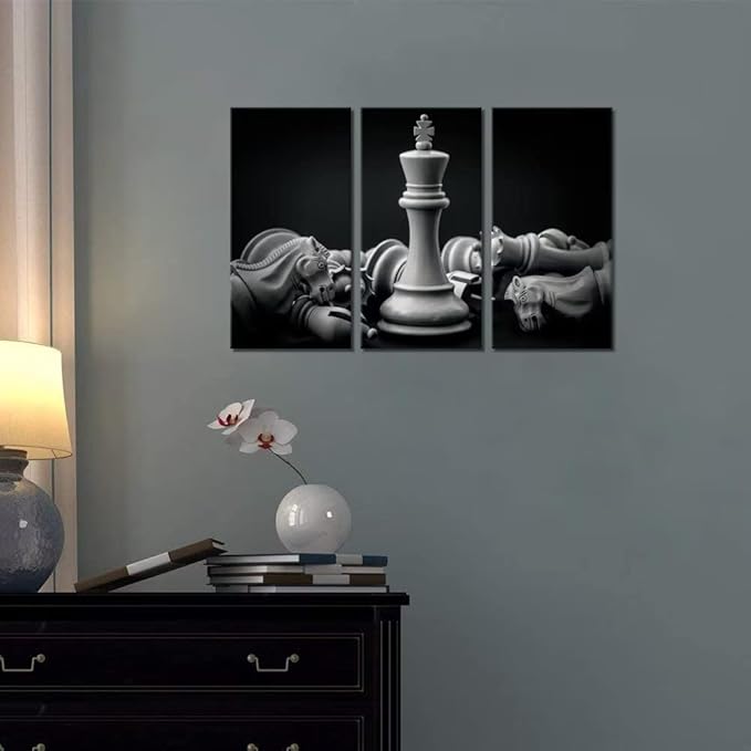 King and Knight of Chess Setup on Canvas Wall Art Paintings Pictures Prints Poster Artworks for Living Room Game Room Office Wall Decor 3 Piece Blak and White Framed Ready to Hang