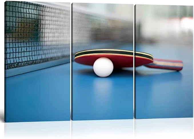 3 Piece Canvas Wall Art - Table Tennis Ball and Bat - Modern Home Decor Stretched and Framed Ready to Hang (28''H x 42''W)