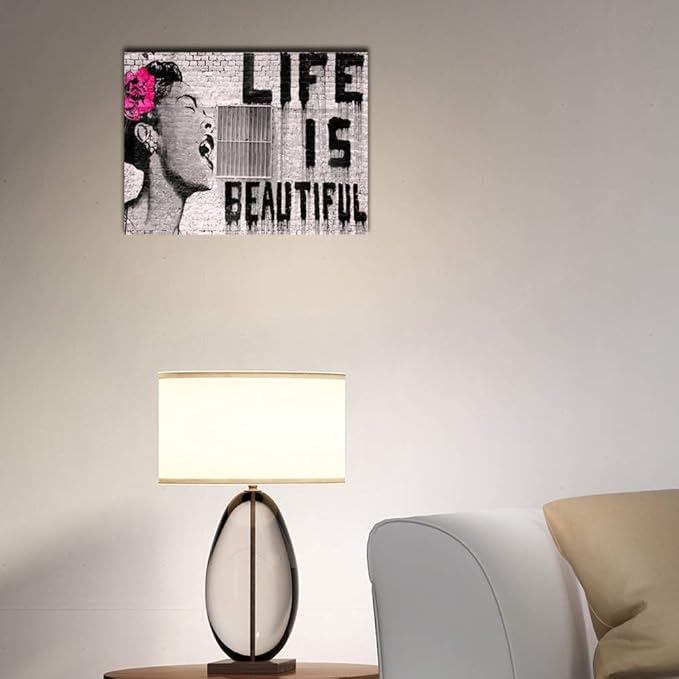 Wieco Art Banksy Life is Beautiful Modern Gallery Wrapped Giclee Canvas Prints Artwork Grey Love Abstract Pictures Paintings on Canvas Wall Art Ready to Hang for Bedroom Home Office Decorations
