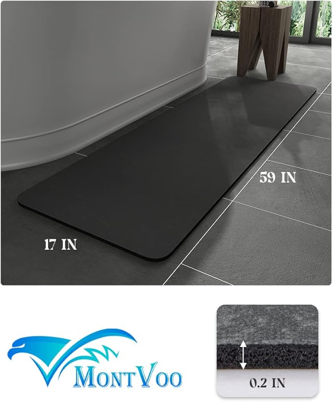 MontVoo -Bath Mat Rug-Rubber Backing Non Slip Quick Dry Absorbent Thin Bathroom Rugs Fit Under Door-Faux Suede Surface Bathroom Floor Mats-Shower Rug for in Front of Bathtub Shower Dark Grey 17"x59"