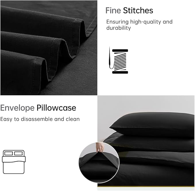 JELLYMONI Black Duvet Cover Queen Size - 100% Washed Cotton Linen Like Textured Comforter Cover, 3 Pieces Breathable Soft Bedding Set with Zipper Closure (Black, Queen 90"x90")