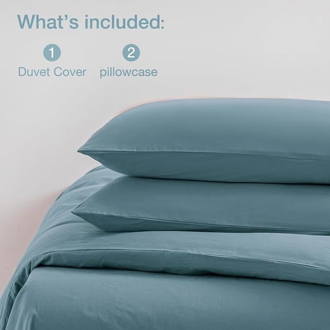 JELLYMONI Grayish Blue Duvet Cover King Size - 100% Washed Cotton Linen Like Textured Comforter Cover, 3 Pieces Lightweight Soft Bedding Set with Zipper Closure (Grayish Blue, King 104"x90")