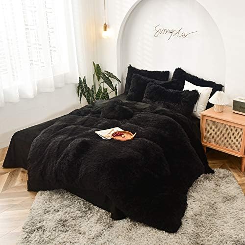 MorroMorn 5 PCS Shaggy Duvet Cover Bedding Set - Fluffy Comforter Cover Long Faux Fur Luxury Ultra Soft Cozy (Black, King/California King)