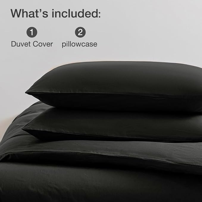 JELLYMONI Cotton Duvet Cover King Size - 100% Washed Cotton Linen Like Textured Comforter Cover, 3 Pieces Breathable Soft Bedding Set with Zipper Closure (Black, King 104"x90")