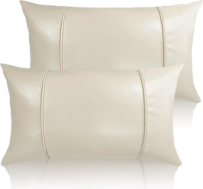 Faux Leather Throw Pillow Covers 12X20 Inch Beige Brown Outdoor Modern Farmhouse Solid Decorative Pillow Covers for Room Couch Living Bedroom Bed Sofa
