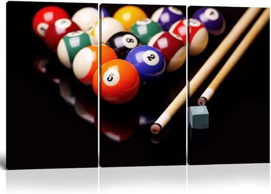 3 Piece Canvas Wall Art - Billiards Balls and Cues with Chalk - Modern Home Decor Stretched and Framed Ready to Hang (28''H x 42''W)