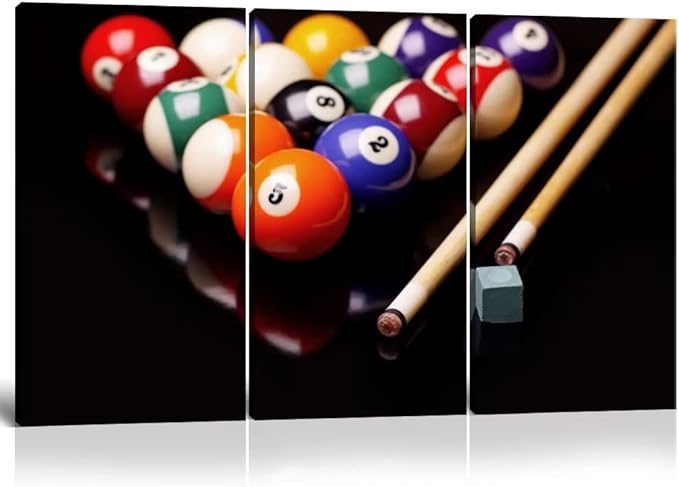 3 Piece Canvas Wall Art - Billiards Balls and Cues with Chalk - Modern Home Decor Stretched and Framed Ready to Hang (40''H x 60''W)