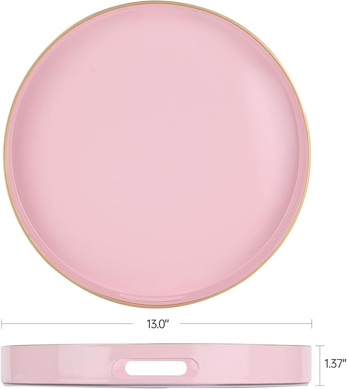 Pink Decorative Tray,Elegant Round Plastic Serving Tray with Handles,Round Ottoman Trays Coffee Table Trays for Living Room,Home Decor 13"