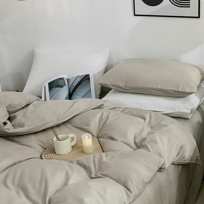 JELLYMONI Cotton Duvet Cover Queen Size - 100% Washed Cotton Comforter Cover, 3 Pieces Breathable Soft Bedding Set with Zipper Closure (Linen Grey, Queen 90"x90")