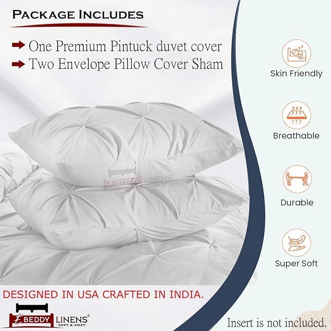 eBeddy Linens White Pinch Pleated Pintuck Duvet Cover Set Super Queen 98x90 Inch 100% Cotton Soft and Breathable 3 Pieces Premium Comforter Cover Zipper Closure & Corner Ties