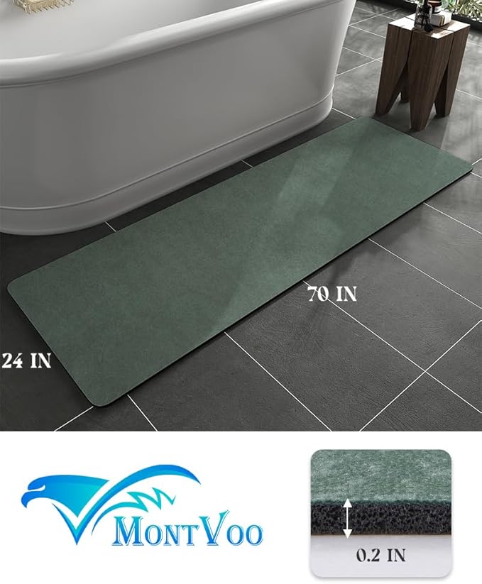 MontVoo -Bath Mat Rug-Rubber Backing Non Slip Quick Dry Absorbent Thin Bathroom Rugs Fit Under Door-Faux Suede Surface Bathroom Floor Mats-Shower Rug for in Front of Bathtub Shower Green 24"X70"