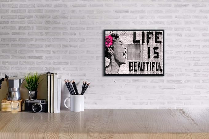 Wieco Art Framed Wall Art Canvas Prints of Banksy Life is Beautiful Abstract Artwork for Wall Decor Room Decorations Black Frame