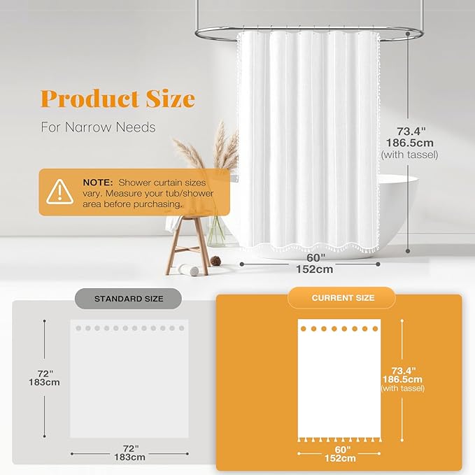 BTTN Stall Shower Curtain - 60x72 Narrow Boho Farmhouse Linen Vintage Striped Fabric Shower Curtain Set with 10 Hooks, Bohemian Cottage Decorative Heavy Duty Shower Curtains for Bathroom - White