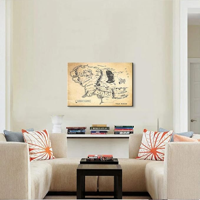 Middle Earth Map Wall Art Canvas Print - Fantasy Map of Middle Earth - 28''H x 40''W with Inner Wooden Frame - Lightweight & Easy to Hang - Perfect for Bedroom, Game Room Decor