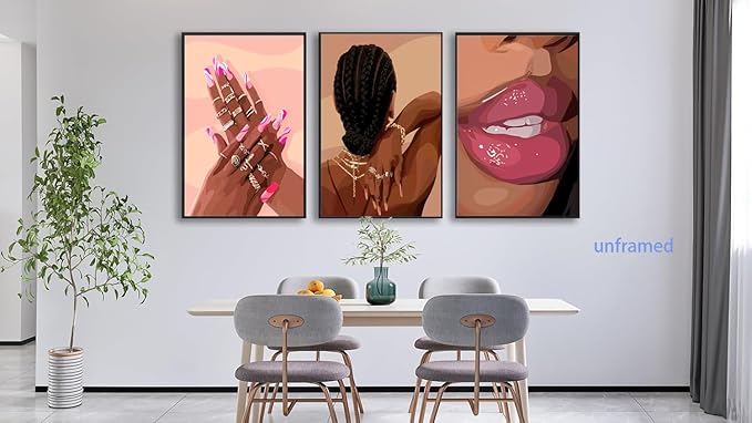 Black Girl Pink Wall Art Set of 3 African American Black Women Canvas Posters Fashion Black Girl Wall Decor Pictures Prints for Home Living Room Bedroom Bathroom Decoration 16x24 Inch Unframed