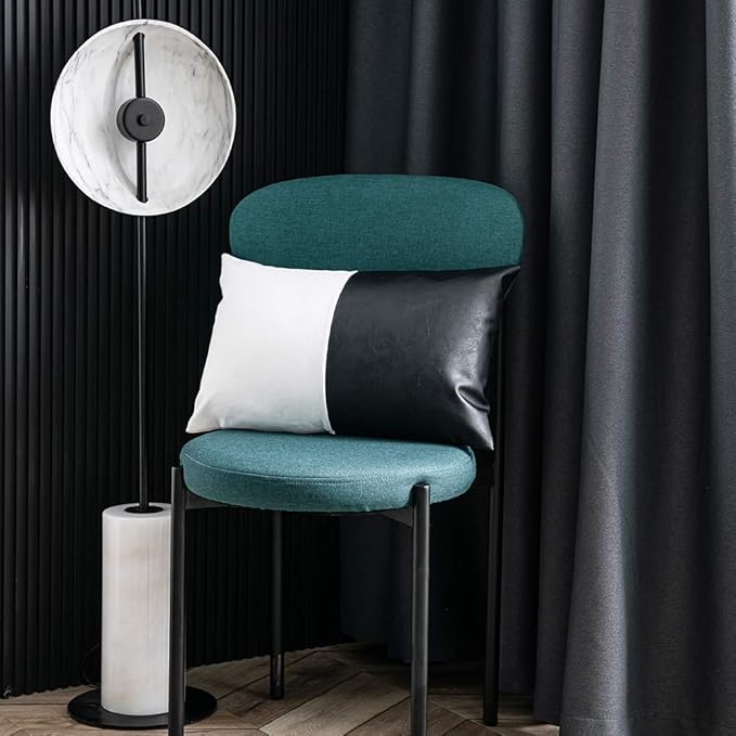 DEZENE Faux Leather Cotton Throw Pillow Covers for Couch Bed Sofa, Set of 2 12 x 20 inch Modern Square Decorative Bedroom Living Room Cushion Cases, Black and White