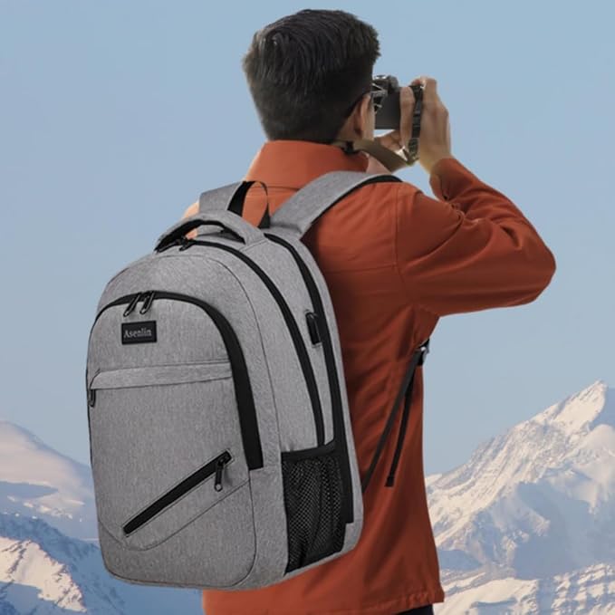 Asenlin Travel Laptop Backpack for Women & Men,Water Resistant Business Slim Sturdy Laptops Backpack with USB Charging Port,Fits 15.6 Inch Notebook College School Computer Bag-Grey