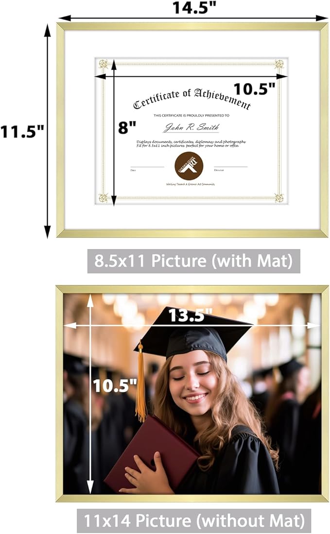 Golden State Art 14x11 Picture Frame 3 Pack - Aluminum Frames with 8.5x11 Removable Mats & Real Glass, Display 11x14 Photos or 8.5x11 Certificates - Gold Gallery Wall Frames for Home Office Decor