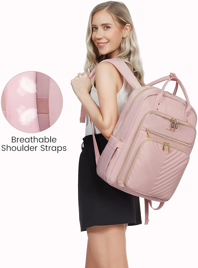 LOVEVOOK Laptop Backpack Women Teacher Backpack,15.6 Inch Laptop Bag with USB Port,Waterproof Daypack for Work Travel Pink