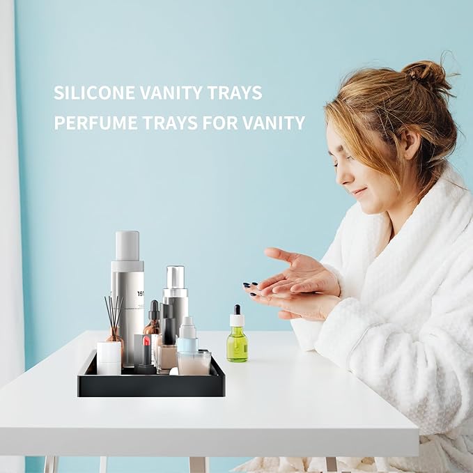 BBK Bathroom Vanity Tray- 2 Pack (7.8" and 11.8") Silicone Bathroom Tray for Counter, Perfume Key Trinket Ring Tray, Decor Soap Dispenser Countertop Tray for Kitchen Sink Organization.(Black)