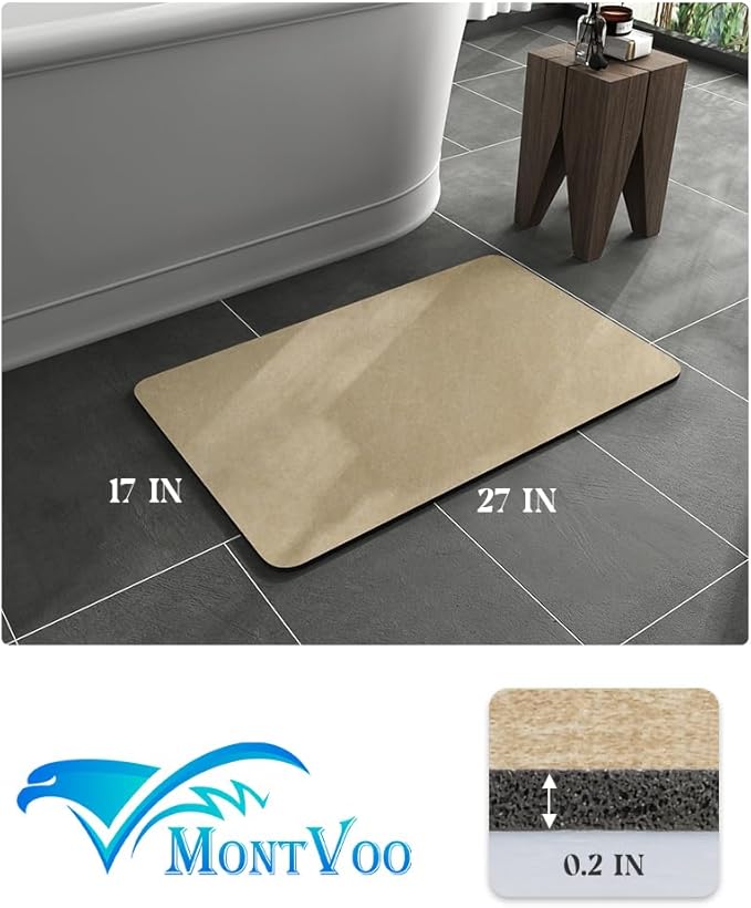 MontVoo -Bath Mat Rug-Rubber Backing Non Slip Quick Dry Absorbent Thin Bathroom Rugs Fit Under Door-Faux Suede Surface Bathroom Floor Mats-Shower Rug for in Front of Bathtub Shower Beige 17"x27.5"