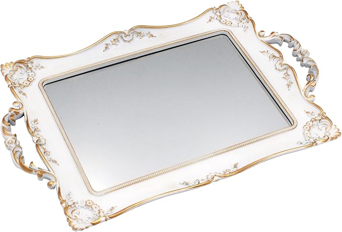 Antique Decorative Gold Framed Square Mirror Tray, Jewelry & Cosmetics Organizer for Dresser, Square - 9.5" W x 14.5" L (White)