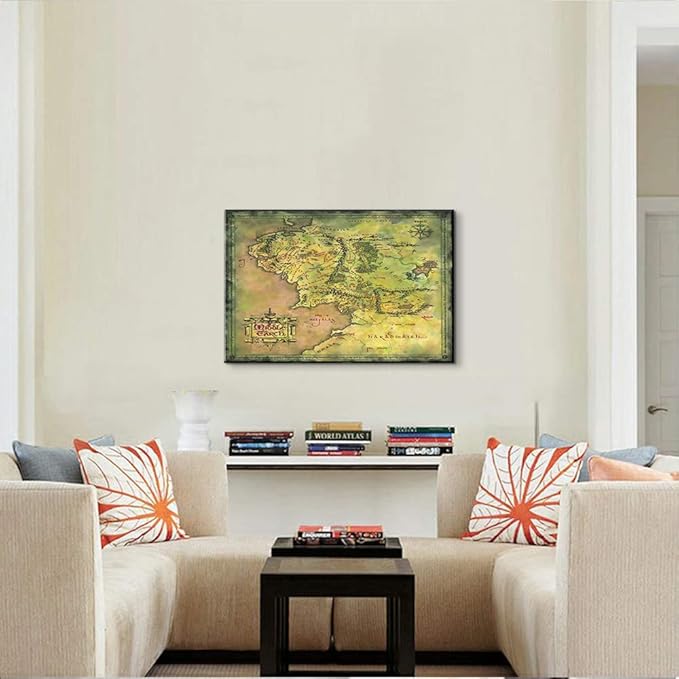 Middle Earth Map Wall Art Canvas Print - Fantasy Map of Middle Earth - 12''H x 18''W with Inner Wooden Frame - Lightweight & Easy to Hang - Perfect for Bedroom, Game Room Decor