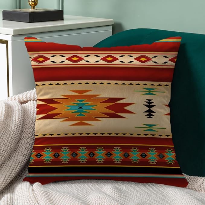 Native American Throw Pillow Covers Set of 6, Western Rustic Burnt Orange Home Decor Outdoor Tribal Ethnic Farmhouse Navajo Decorative Cushion Case 18"X18"