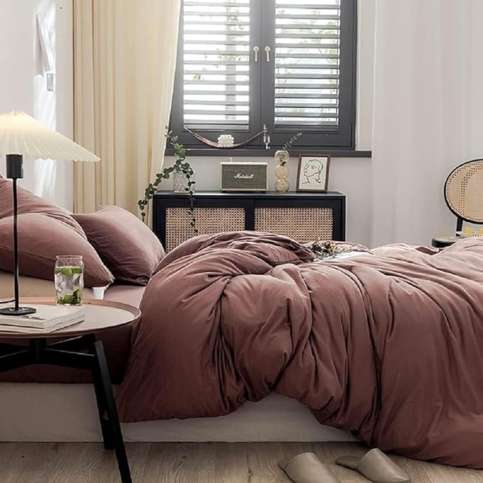 AMWAN Brick Red Duvet Cover King Knitted Cotton Solid Color Bedding Set Simple Style Jersey Knit Cotton Comforter Cover Solid Brick Red Bedding Collection 1 Duvet Cover with 2 Pillowcases King