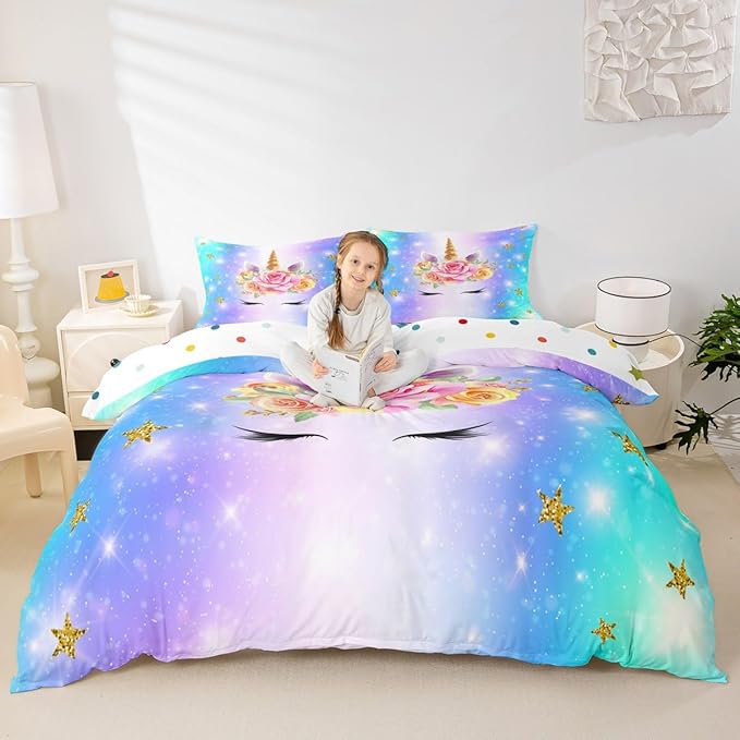Castle Fairy Unicorn Comforter Cover Full Size, Cute Rainbow Watercolor Print Bedding Set Kids Girls Girly Animal Themed Sweet Duvet Cover with 2 Pillowcases, Soft Fashion Microfiber