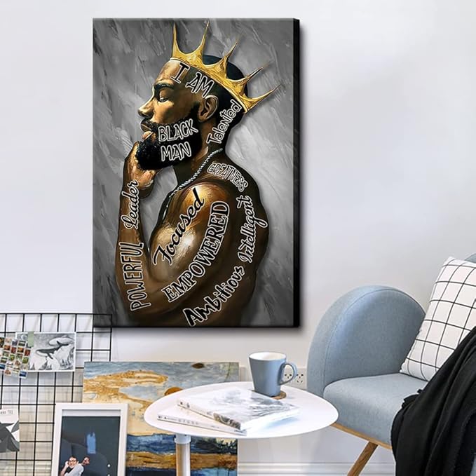 Framed Large 24" x 36" African American Canvas Wall Art Decor Black Man King Men Posters Prints Artwork Pictures Paintings for Living Room Bedroom hallway Office Men's Room Decoration Ready to Hang(King, 24"Wx36"H Framed)