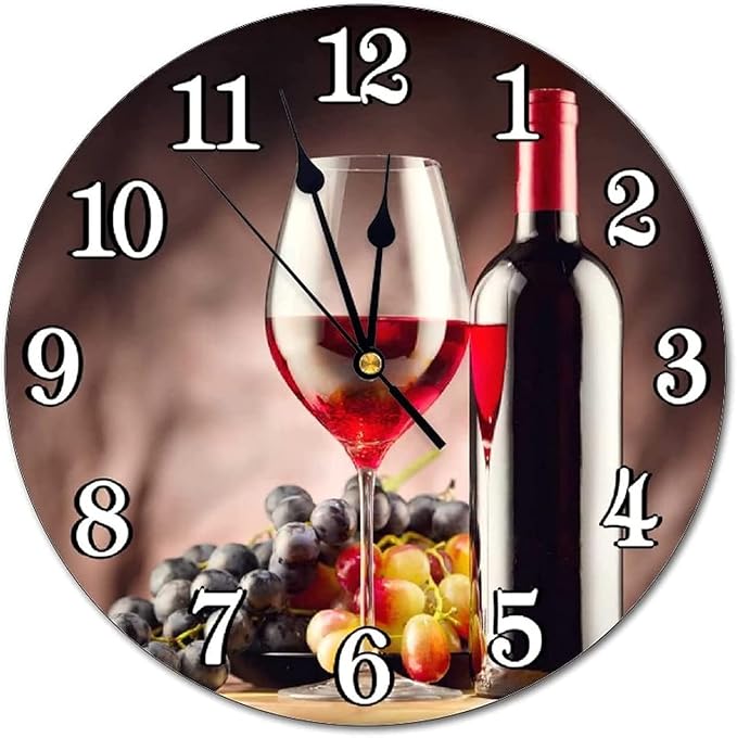 Red Wine with ripe Grapes Wall Clock Battery Operated Silent Round Clock Wall Decor for Home Office School, 12 Inch