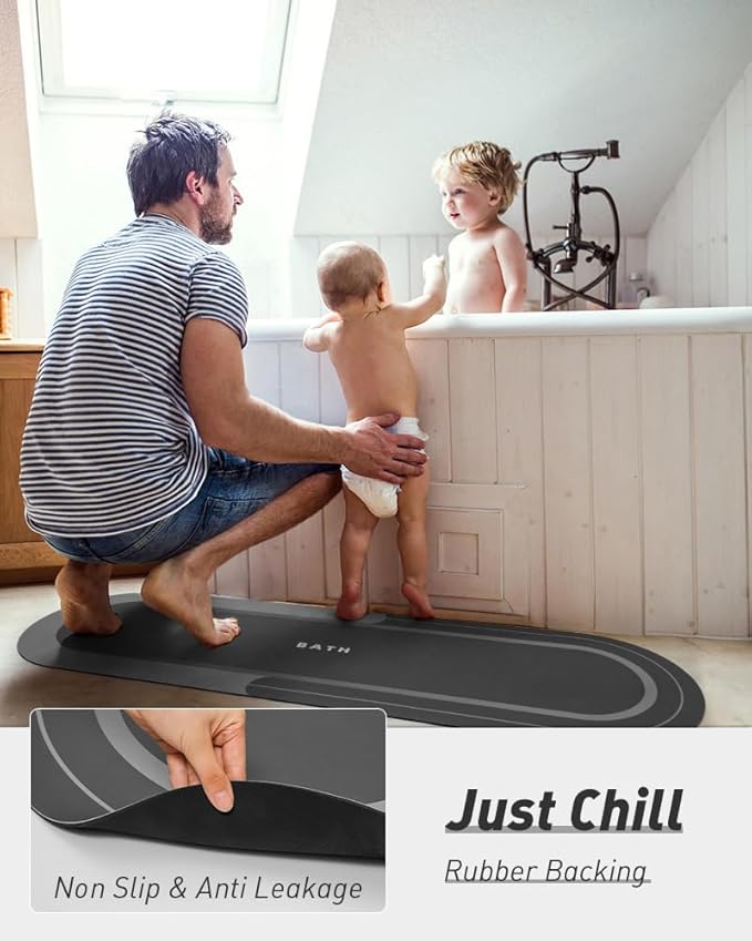 MontVoo Bath Mat Runner - Long Non Slip Absorbent Quick Dry Thin Bath Rug for Bathroom Floor Mat - Rubber Backed - Stain Resistant - Easy Care - Darkgrey 17"x50"