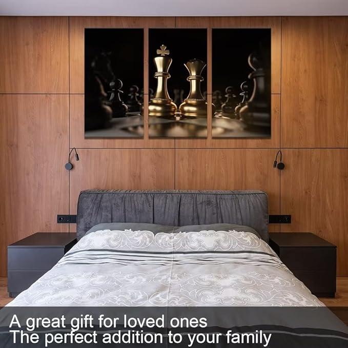Chess Wall Art Black and Gold Canvas Wall Decor King and Queen Paintings for Living Room Office 3 Pieces Pictures Prints Poster Artworks Framed Ready to Hang(12x 24inch/3 PCS)