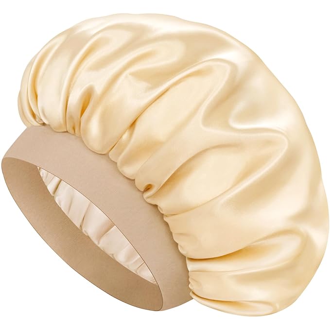 Satin Silk Bonnet for Sleeping, Double Layer Silk Sleep Cap for Men & Women, Soft Satin Lined Bonnet for Natural & Curly Hair(Champagne)