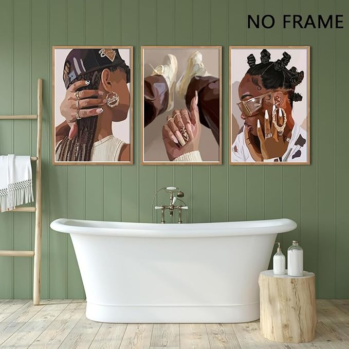 Marllifenney 3Pcs Black Girl Wall Art Posters Black Woman Decor Abstract African American Canvas Prints Modern Black Women Painting Black Female Pictures for Bedroom Living Room Dorm 12x16in Unframed