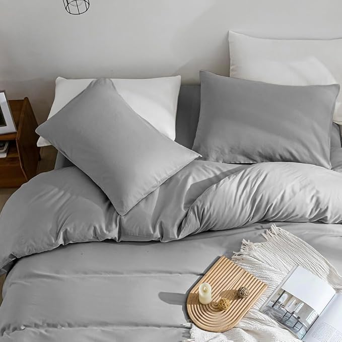 JELLYMONI Light Gray Duvet Cover Full Size - 100% Washed Cotton Linen Feel Textured Comforter Cover, 3 Pieces Breathable Soft Bedding Set with Zipper Closure (Light Gray, Full 80"x90")