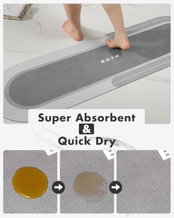 MontVoo Bath Mat Runner - Long Non Slip Absorbent Quick Dry Thin Bath Rug for Bathroom Floor Mat - Rubber Backed - Stain Resistant - Easy Care - Gray 17"x59"