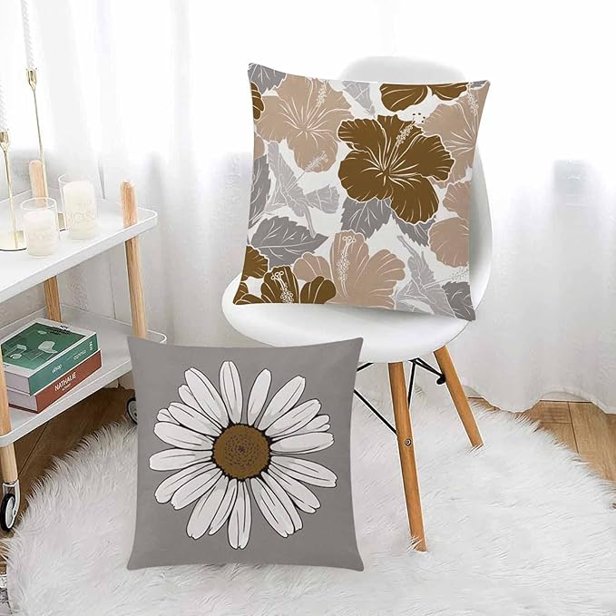 COMMINY Brown Grey Pillow Covers 18x18 Set of 6 Decorative Daisy Flower Throw Pillow Cover for Couch Modern Coffee Pillow Case for Patio Living Room Cushion Bed Farmhouse Home Decor