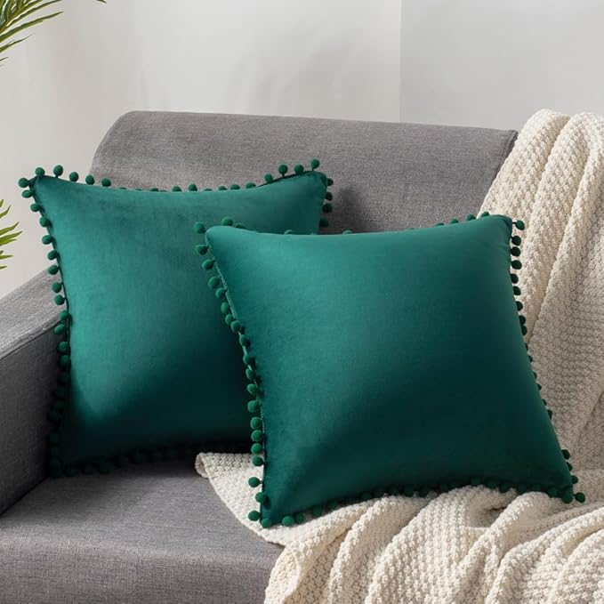 DEZENE Decorative Pillow Covers 24x24 Green: 2 Pack Cozy Soft Pom-poms Velvet Square Throw Pillow Cases for Farmhouse Home Decor