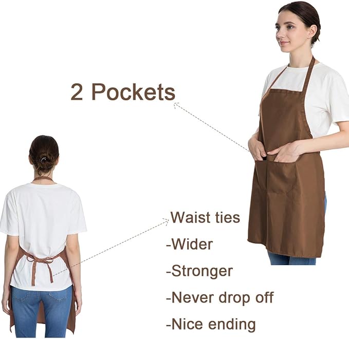 Total 6PCS Brown Bib Apron Adult with 2 Pockets for Women Men Chef Cooking Kitchen (6, Brown)
