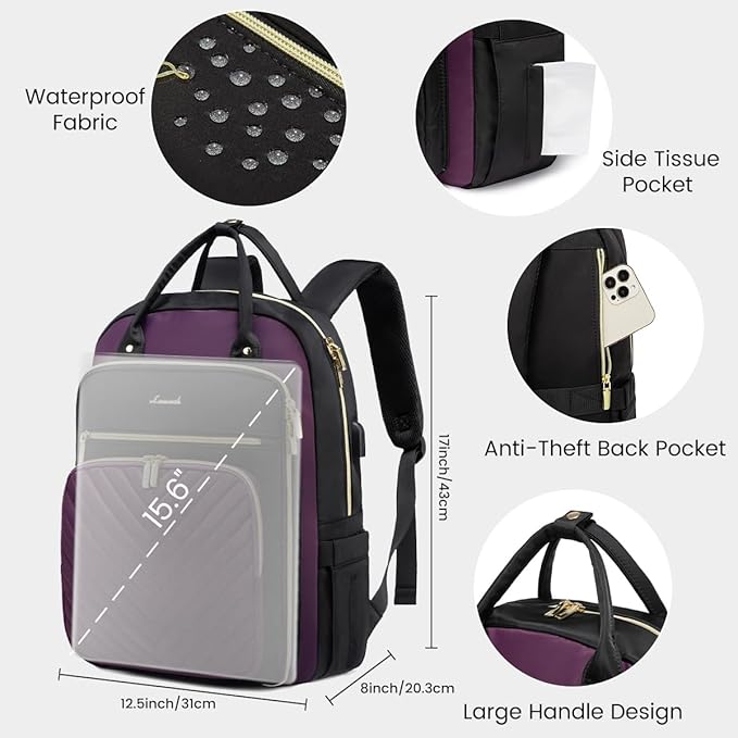 LOVEVOOK Laptop Backpack for Women, Water Resistant Travel Work Backpacks Purse Stylish Business Teacher Nurse Computer Bag with USB Charging Port, Fits 15.6" Laptop