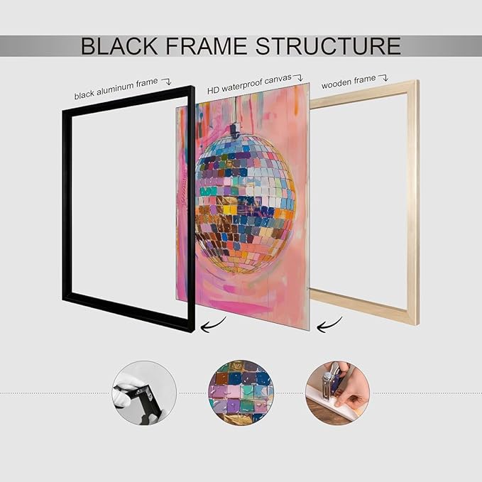 Retro Pink Disco Ball Posters Cool Y2k Aesthetic Canvas Wall Art 08x10 inch Black Framed Fashion Pink and Orange Disco Ball Painting Prints for Girly Wall Decor