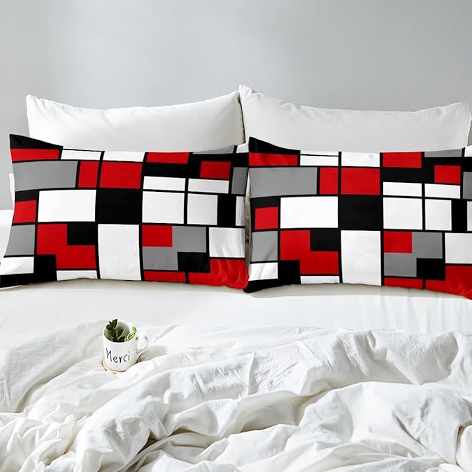 Geometric Grid Bedding Set,Gray Black Red White Square Duvet Cover for Kids Teen Boys Girls,Retro Style Comforter Cover Decorative Room,Modern Abstract Quilt Cover with 2 Pillowcases,Full Size