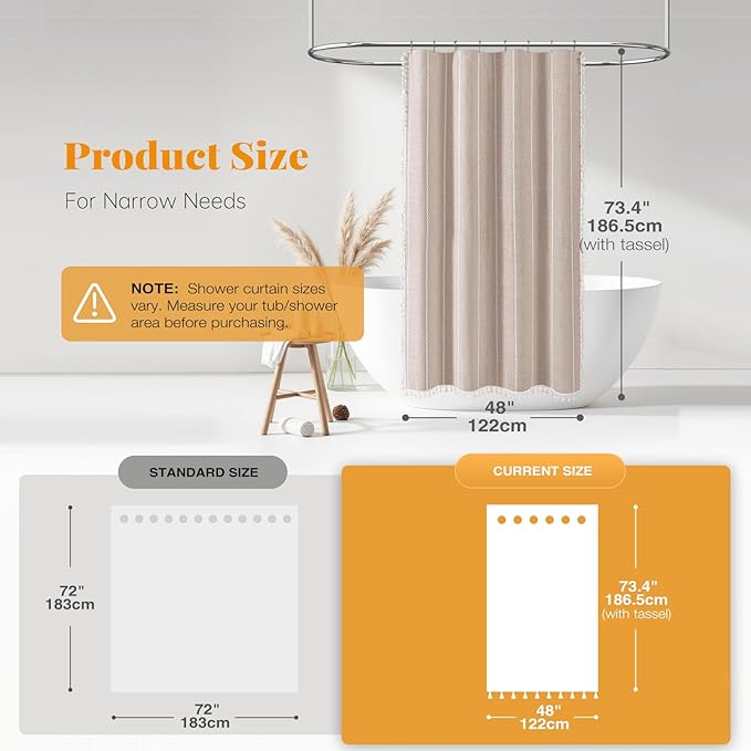 BTTN Boho Shower Stall Curtain - 48x72 Narrow Farmhouse Linen Ultra Thick Tassel Fabric Shower Curtain Set with 8 Hooks, Half Striped Camper RV Modern Country Shower Curtains for Bathroom, Taupe/Tan