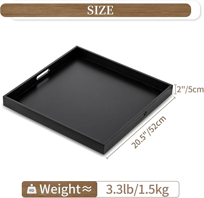 Hanobe Ottoman Tray for Living Room: Modern Extra Large Black Serving Decorative Trays with Cutout Handles for Coffee Table Home Decor, 20"