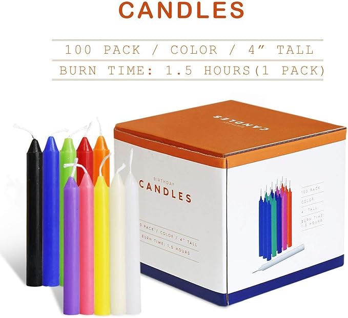 100 pcs Unscented Assorted Colors Mini Taper Candle | 4" Tall x 1/2" Diameter | Great for Casting Chimes, Rituals, Spells