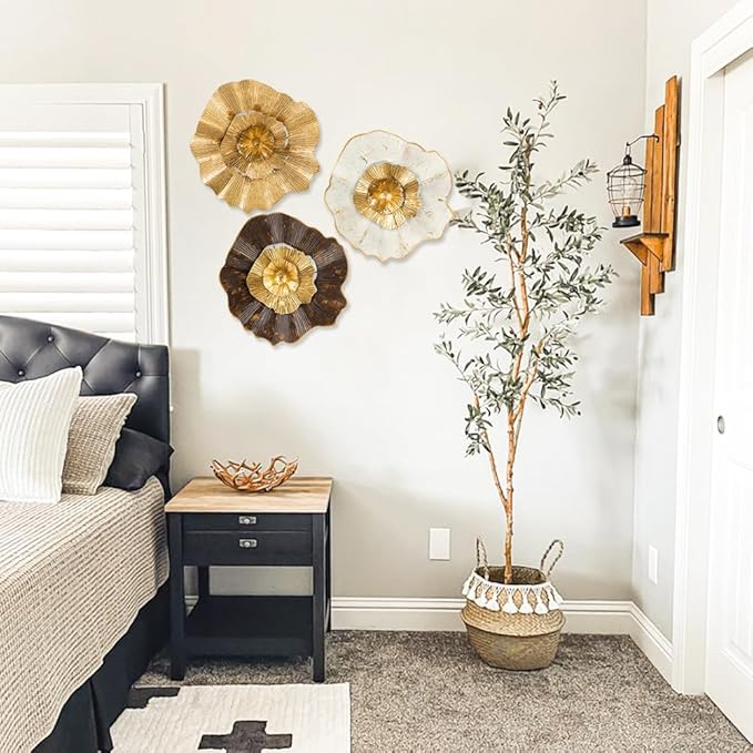 Briful 12" Gold Wall Décor Pack of 3 Metal Flower Plate Wall Art Modern Accent Hanging Wall Decorations For Home Office Bedroom Or Living Room Wall Sculptures