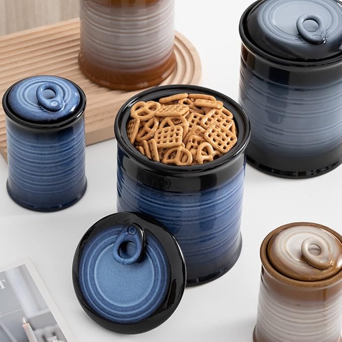 Nihow Food Storage Jar Sets: Ceramic Container with Air Tight Lid for Flour/Sugar/Rice/Coffee/Cookies/Candy - Seal Damp-proof Canister for The Kitchen Counter - Set of 4 （Blue & Black）